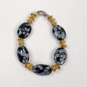 Snowflake Obsidian Small‎ Beaded Bracelet Black Gold Tone Oval 5.5" Jewelry